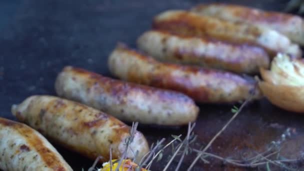 Slow Motion Grilling Sausages Barbecue Grill Selective Focus – stockvideo