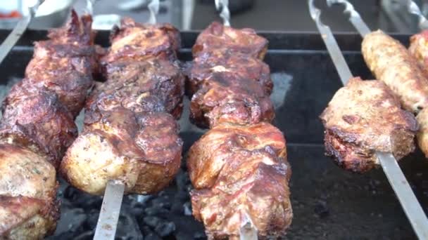 Shashlik Mariné Préparant Sur Barbecue Charbon Bois — Video