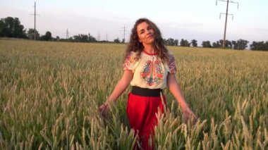 Slow Motion Pretty woman dressed in embroidered clothes among of wheat field