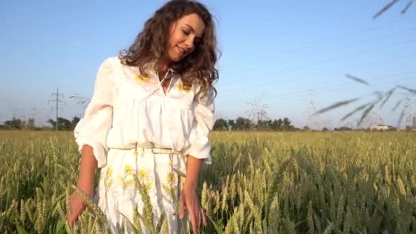 Slow Motion Young Girl White Dress Walking Field — Stock Video