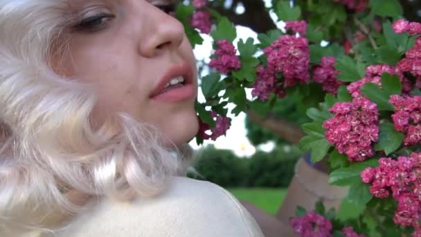 Повільний Рух Сексуальна Дівчина Насолоджується Цвітінням Дерева Весняне Квітуче Дерево — стокове відео