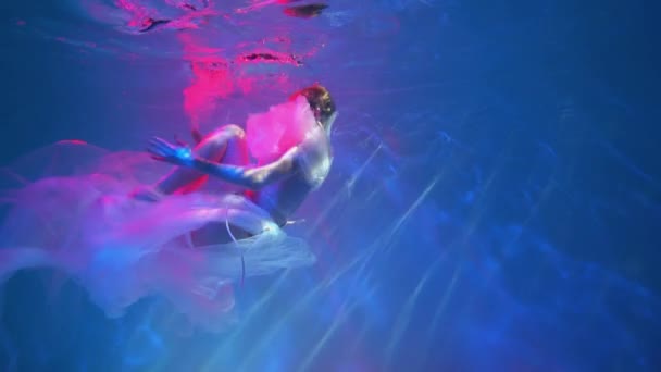 Woman Fashion Model Water Beautiful Dress Swims Fish — Video Stock