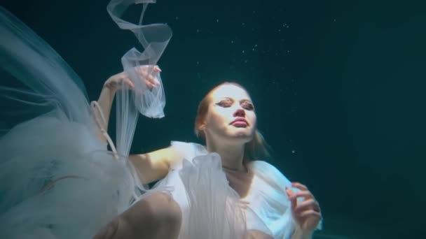 Slow Motion Portrait Woman White Underwater — 비디오