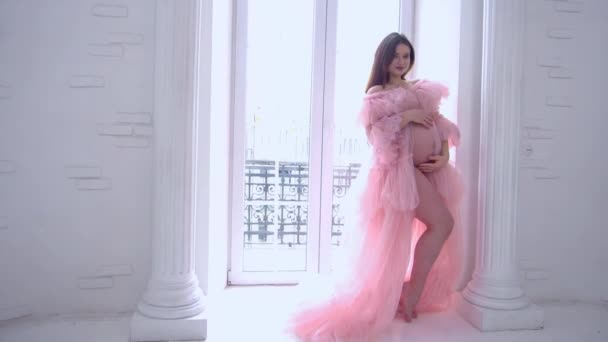 Tender Attractive Young Pregnant Girl Light Room Pink Elegant Dress — Stockvideo