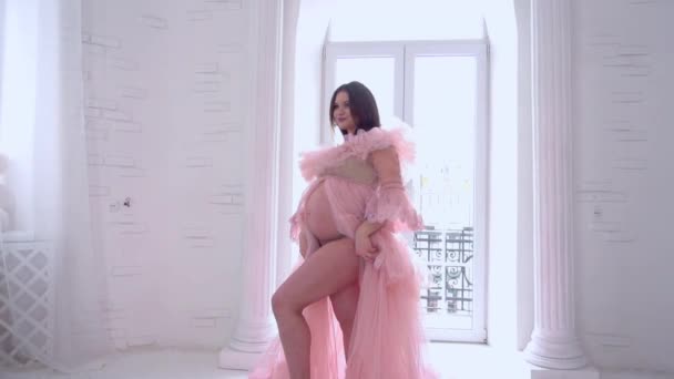 Pregnancy Woman Pink Dress Standing Close Window Her Bedroom — Stok Video