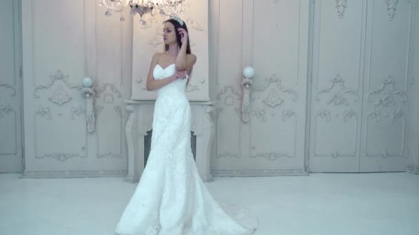 Slow Motion Bride Photo Studio Girl Wedding Dress — Stockvideo