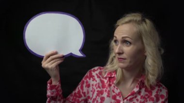 4k girl hold paper cloud look empty space
