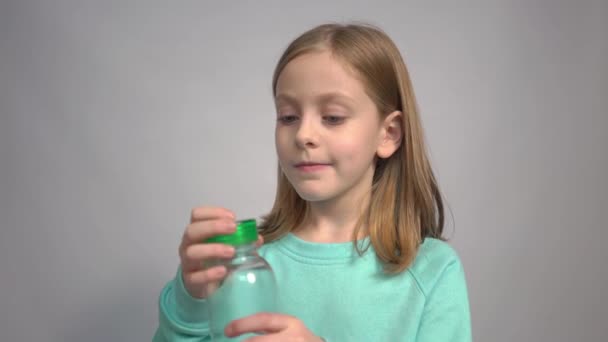 Cute Adorable Child Girl Drinking Clear Water White Background Pure — Stock Video