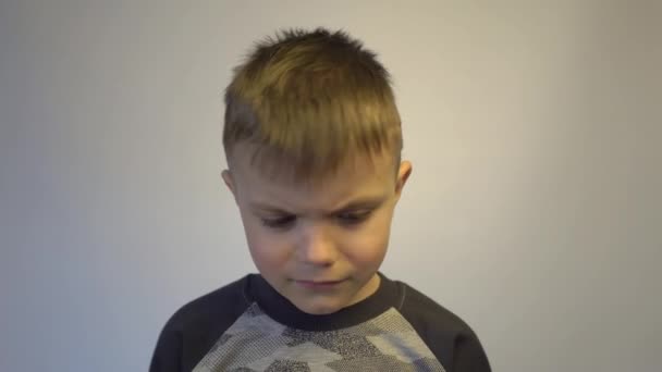 Portrait School Boy Kid Crying Gray Background — 图库视频影像