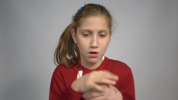 Young Caucasian Girl Holding Oneself Feels Very Cold — Video