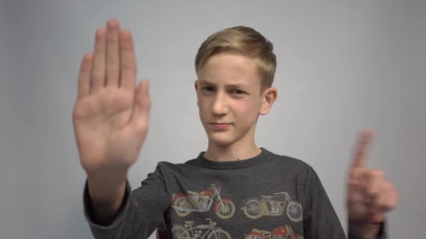 Young Handsome Man Serious Doing Stop Sing Palm Hand — Video Stock