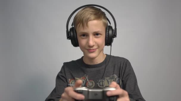 Teenage Boy Headphones Joystick His Hands Playing Video Games — Αρχείο Βίντεο