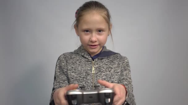 Young Cute Girl Plays Computer Game Joystick — Stok Video