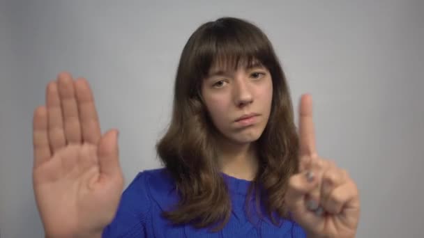 Young Caucasian Girl Doing Stop Gesture Palm Hand — Stok video