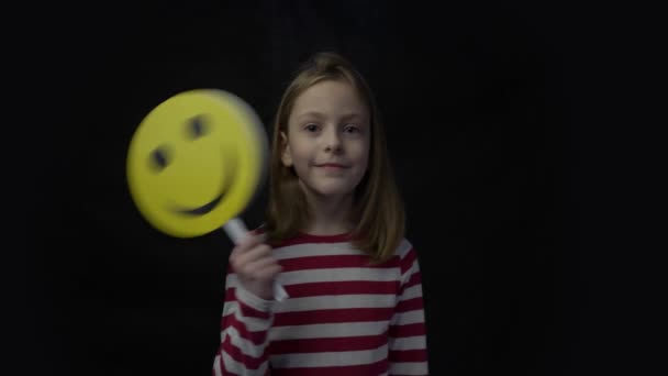 Female Expressing Happiness Smiling Emoji Mask Turn Angry Side — Vídeo de stock