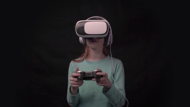 Child Girl Home Virtual Reality Glasses Playing Game — Video Stock