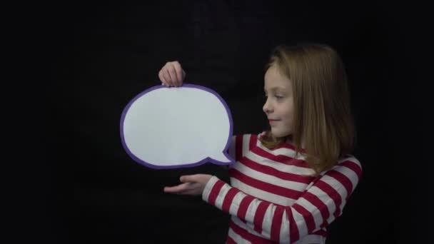Portrait Happy Little Girl Holding Speech Bubble — Stockvideo