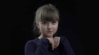 4k Beautiful little girl. Funny crazy happy child. hands a rabbit.  