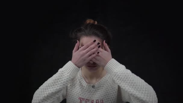 Beautiful Brunette Girl Closes Eyes Her Hands — Stockvideo