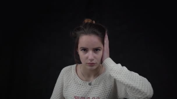 Sad Girl Closing Ears Hands Protecting Loud Noise — Vídeo de Stock