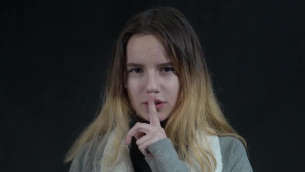 Slow Motion Girl Making Hush Silence Gesture Asking Keep Secret — Stock Video