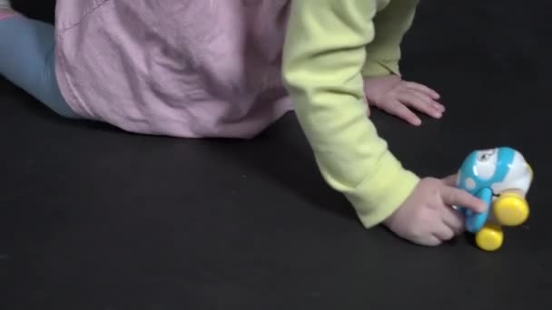 Happy Baby Girl Playing Toy Car Indoors Toddler Having Fun — Stok video