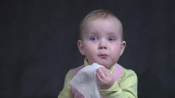 Child Eats Banana Portrait Little Baby Girl Close — Vídeo de Stock