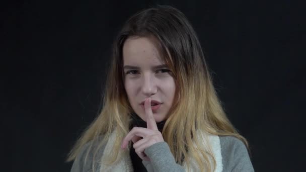 Slow Motion Beautiful Caucasian Girl Makes Silence Gesture — Stock Video