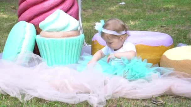 Portrait Cute Little Girl Huge Macaroons Donuts Cupcakes Decoration — Video Stock