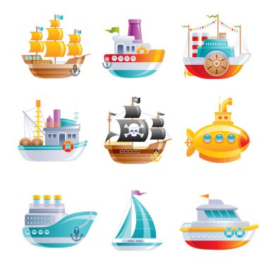 Denizci gemisi simgesi hazır. Tekne, yelkenli, korsan gemisi, gemi yolculuğu, sarı denizaltı, motorlu tekne, balıkçı teknesi. 3 boyutlu karikatür su taşıma tasarımı. Düz vektör çizimi beyaz arkaplanda izole edildi.