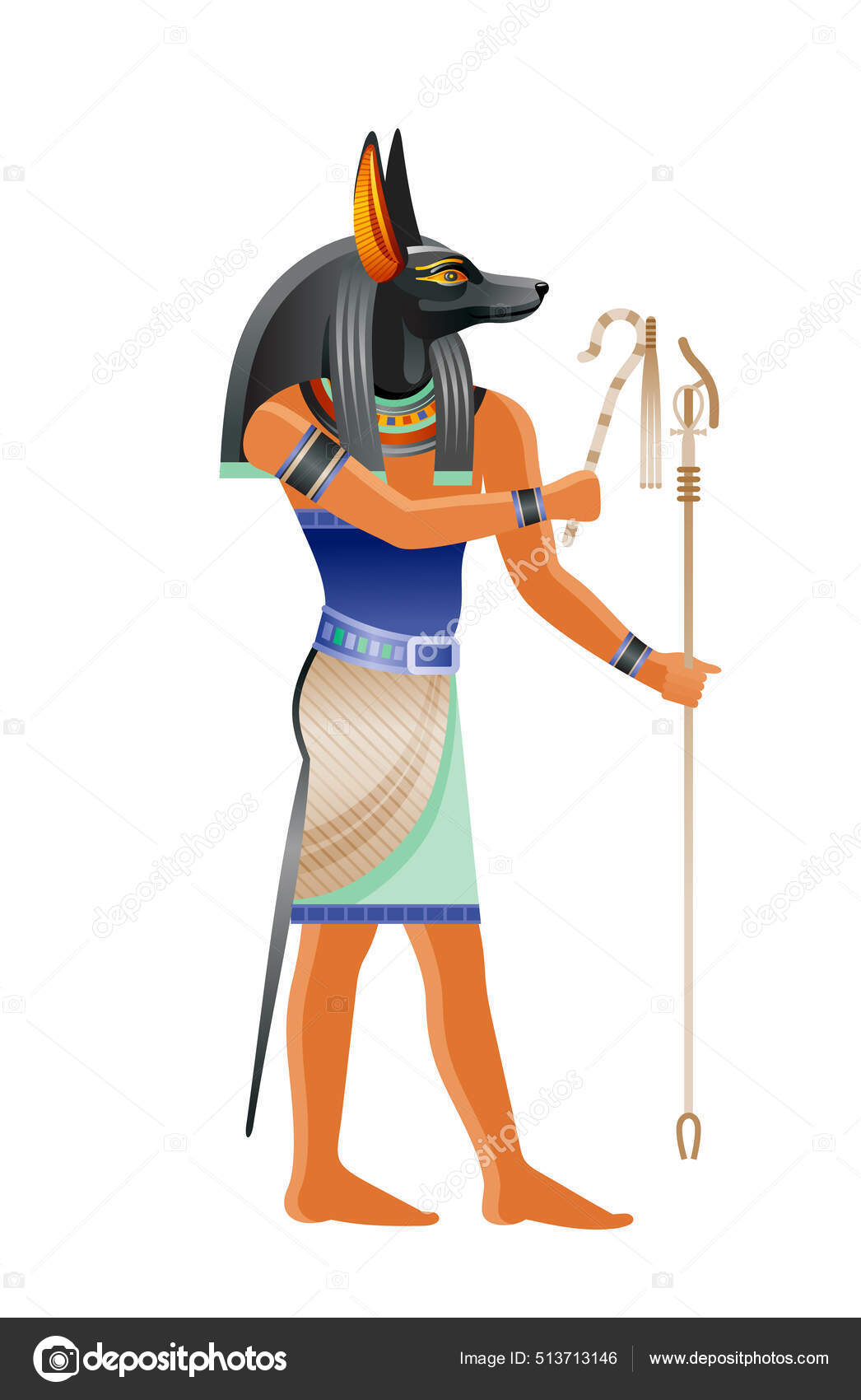 古代エジプトの神アンビス 犬の頭を持つ神 死の神 ミイラ化のエンベリング 3D漫画ベクトルイラスト エジプトの古い壁画ペイントアートアイコン  白地に隔離された ストックベクター ©OlgaChernyak 513713146, image size:1046x1700