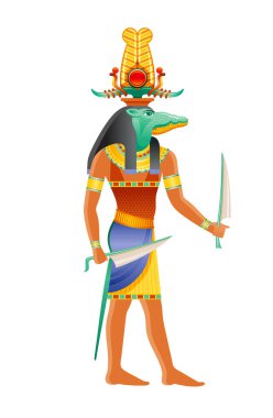 Sobek Mısır tanrısı, Nil timsahı tanrısı. Eski Mısır 'ın firavun gücü, verimliliği, askeri hüner, Shui güneş tacındaki timsah tanrısı. 3d gerçekçi vektör çizimi izole edilmiş beyaz arkaplan