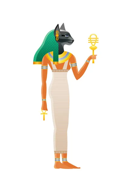 Altägyptische Göttin Bastet Gottheit Mit Katzenkopf Cartoon Vektor Illustration Alte — Stockvektor
