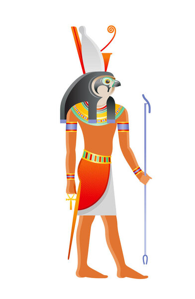 Ancient Egyptian god Horus. Deity with falcon head and pharaoh crown. God from Osiris myth. 3d cartoon vector illustration. Old mural paint art icon from Egypt. Horus bird isolated on white background