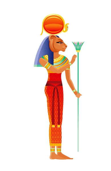 シケメトエジプトの女神 ライオンの神 古代エジプトの戦争と癒しの神 ファラオの保護者 太陽ディスクの王冠と雌ライオン 3Dリアルなライオンベクトル図隔離された白い背景 — ストックベクタ