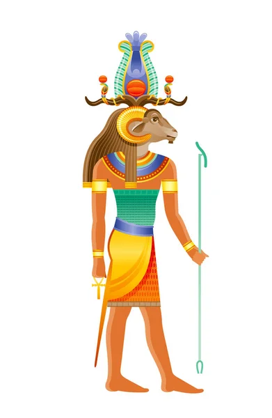 フヌム エジプトの神 ナイルの源の神 ラムの神 頂の冠の羊の頭 土からろくろで人間の体の創造神 3Dリアルなベクトル図は白い背景に孤立 — ストックベクタ