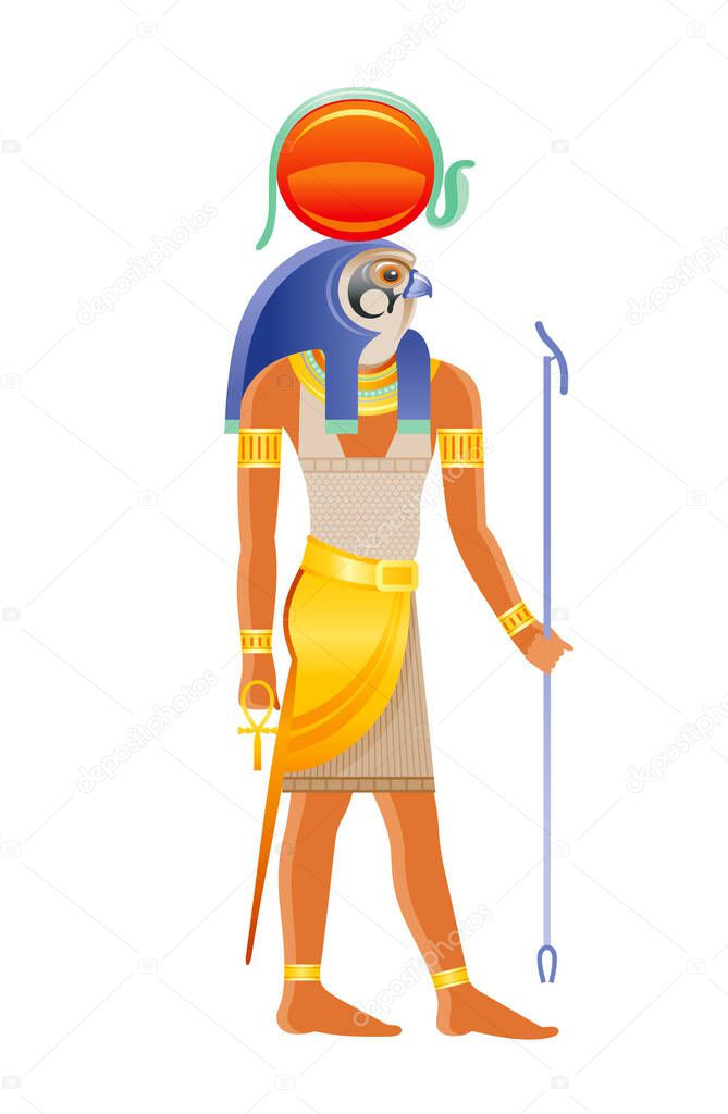 Ancient Egyptian god Ra. Deity of the sun with falcon head, sun disk cobra decoration. 3d cartoon vector illustration. Old mural paint art icon from Egypt. Ra god isolated on white background