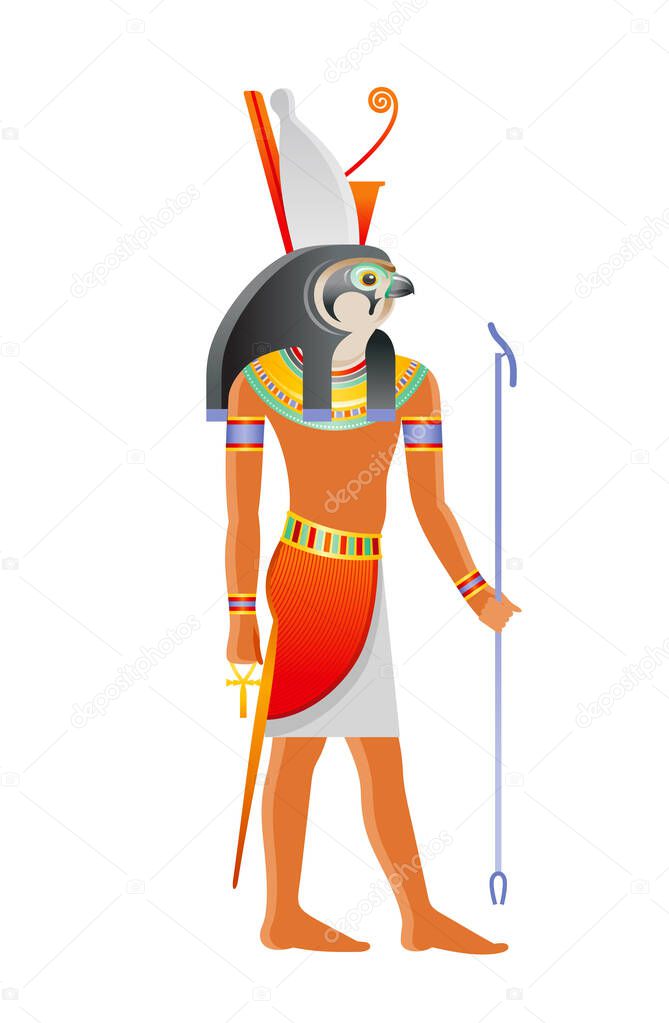 Ancient Egyptian god Horus. Deity with falcon head and pharaoh crown. God from Osiris myth. 3d cartoon vector illustration. Old mural paint art icon from Egypt. Horus bird isolated on white background