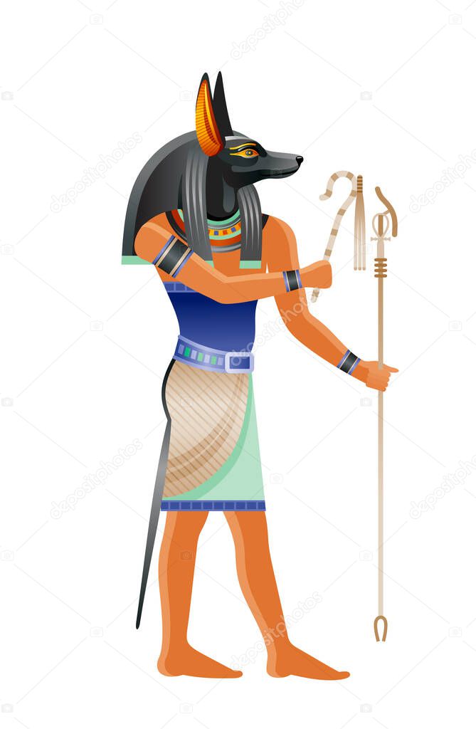 Ancient Egyptian god Anubis. Deity with canine head. God of death, mummification embalming, afterlife. 3d cartoon vector illustration. Old mural paint art icon from Egypt. Isolated on white background