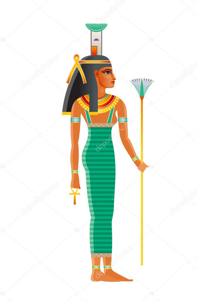 Nephthys ancient Egyptian goddess. Daughter of Nut, Geb. Isis sister. Seth wife. Deity of mourning, night darkness, childbirth, dead protection, magic, health, embalming. Old historical art from Egypt
