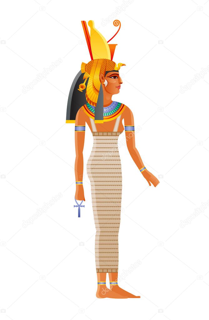 Mut ancient Egyptian daity. Mother goddess worshipped in ancient Egypt. Wearing double crown plus royal vulture headdress. Also can be queen Nefertari Meritmut, pharaoh wife. Old historical art