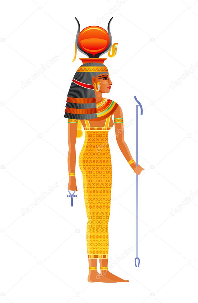 Hathor Egyptian goddess, sky deity with sun, cow horns. Ancient Egyptian god of music, dance, joy, sexuality, beauty, love, motherhood. 3d realistic lion vector illustration isolated white background