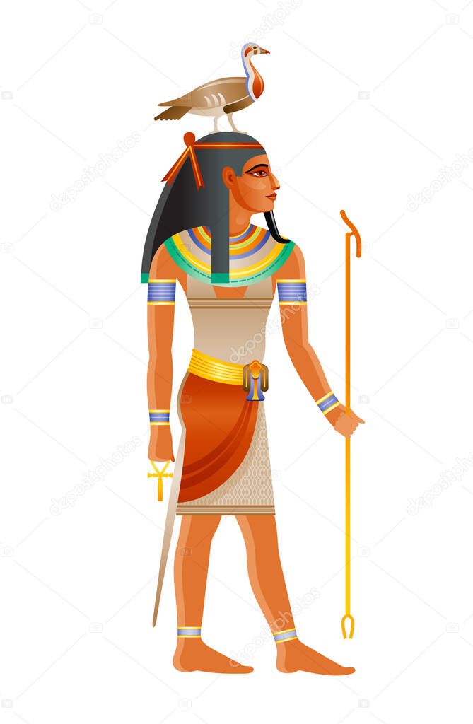 Ancient Egyptian god Geb. Deity of the Earth with goose on head. 3d cartoon vector illustration. Old mural paint art icon from Egypt. Geb Earth god isolated on white background