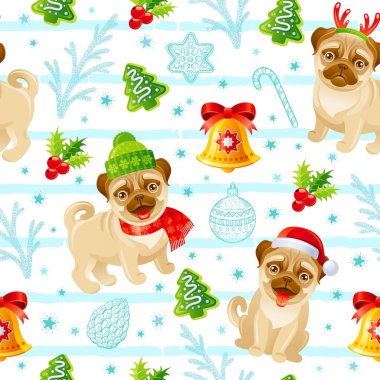 Noel köpeği desenli. Kusursuz kış tatili baskısı geçmişi. Komik Xmas vektörü. Mutlu Noel dekorları. Rudolph geyik boynuzlu pug, Noel Baba şapkası, eşarp. Duvar kağıdı kusursuz arkaplan illüstrasyonu