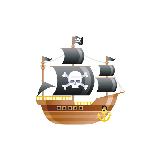 Desenhos Animados Navio Pirata Velho Com Velas Pretas Scull Ícone — Vetor de Stock
