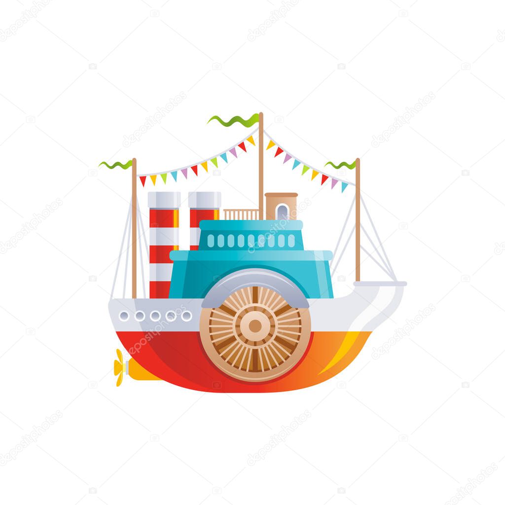 Cartoon vintage ship with wheel icon. Old retro river boat for logo, sea travel, cruise and water transport design. Flat vector illustration isolated on white background.