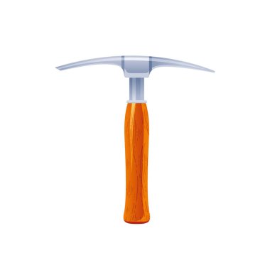 Çizgi film kazma baltası. Hala ahşap desenli kazma. Madencilik veya arkeolojik konsept için madenci aracı, mat beyaz arkaplanda izole edilmiş düz vektör çizimi.