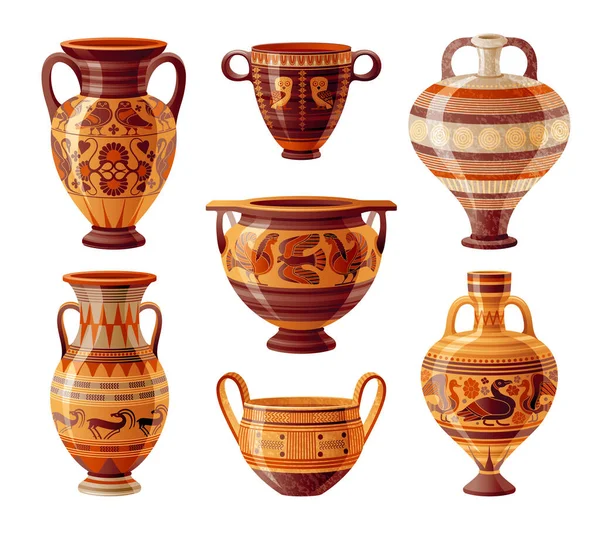 古代ギリシャの花瓶セット 陶器のベクトルだ ギリシャのアンティークジャグ 古い粘土アンフォラ ワインとオリーブオイルのための骨壷や瓶 ヴィンテージのセラミックアイコンが隔離された 装飾付きのフラット漫画アート — ストックベクタ