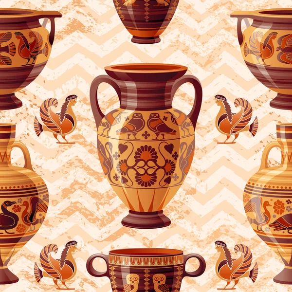 Vase Pattern 希腊陶器无缝线矢量背景与旧粘土桩 Urn Amphora 古老的模式 古董陶瓷艺术 卡通民族古董派装饰 — 图库矢量图片