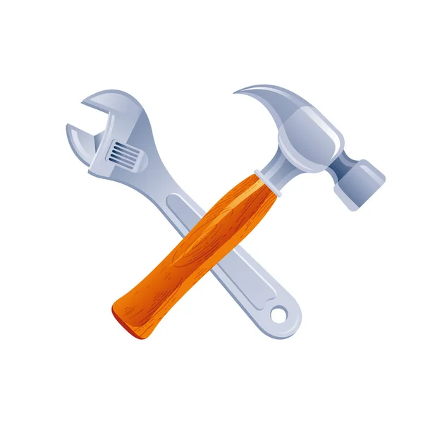 Hammer Wrench Tools Cross Cartoon Icon Realistic Hammer Tool Metal — Stock Vector